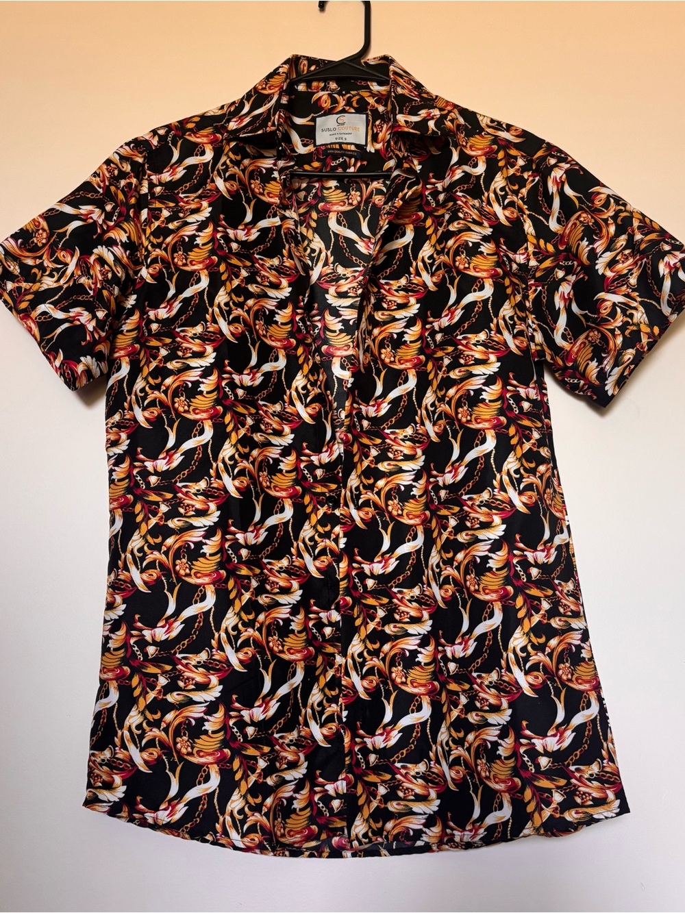 Men's Black Short-Sleeve Button-Down Shirt with Gold & Red Swirl Print
